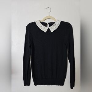 J. Crew Size Small Black Knit Merino Wool Thin Sweater White Lace Collar
